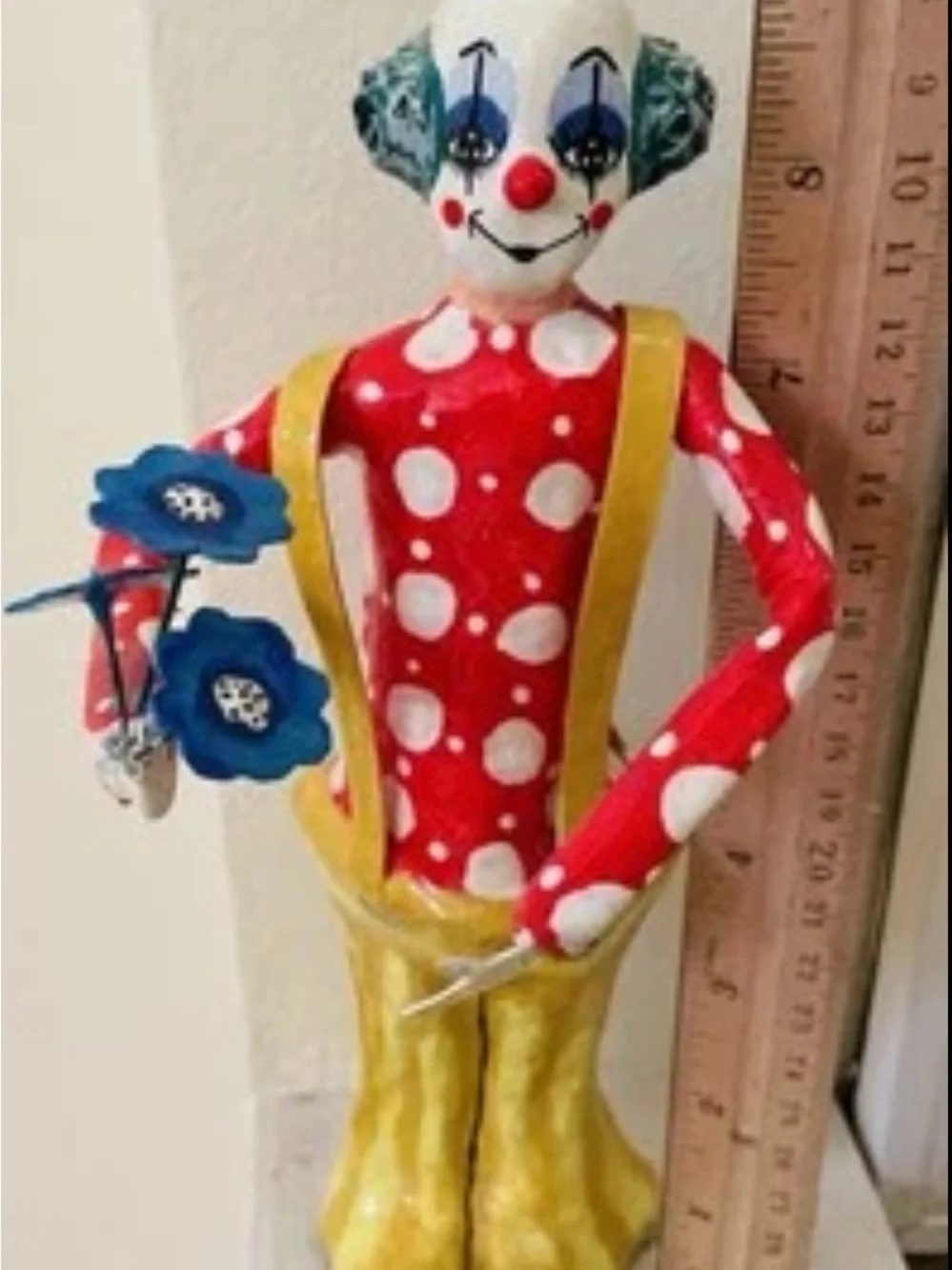 Vintage-handmade-collectible-paper mache +metal-clown with flowers-Mexican